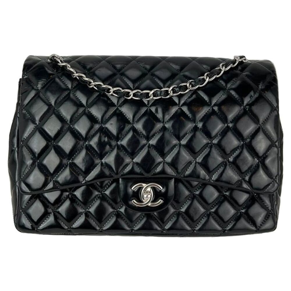 Chanel Double Flap Black Patent Leather Maxi Shoulder Bag